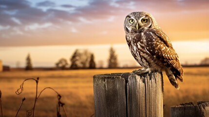 a solitary owl perched on a weathered fence post, with piercing eyes gazing out into the distance