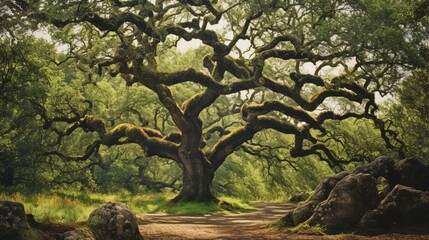 a stately oak tree with gnarled branches, exemplifying the longevity and majesty of old trees in forested landscapes - Powered by Adobe