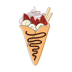 Crepe in continuous one line art style. Cafe, bakery, restaurant logo concept. Simple vector illustration