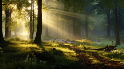 a tranquil forest glen at dawn, with mist rising from the forest floor and the first rays of sunlight piercing through the trees