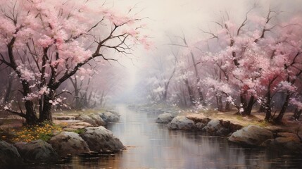 a tranquil Japanese cherry blossom garden in full bloom, with delicate pink blossoms adorning the branches and drifting gently to the ground