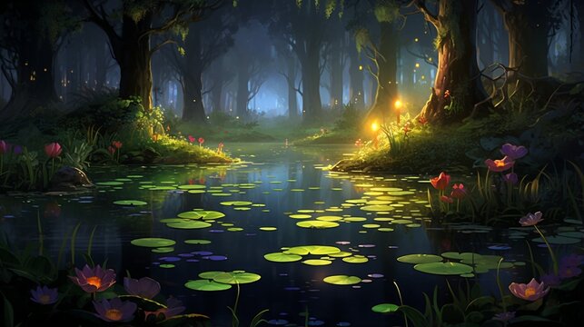 a tranquil forest pond at twilight, with frogs singing their evening chorus and fireflies beginning to glow