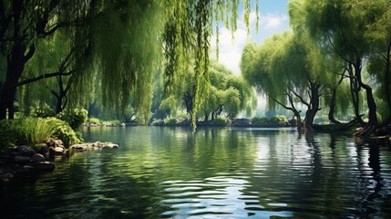 a tranquil pond surrounded by weeping willow trees, with their branches gracefully sweeping over the water's surface