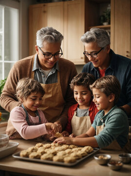 elderly homosexual couple baking cookies with their adopted children