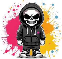 a cute skeleton wearing a hoodie with a colorful style. AI-generated.