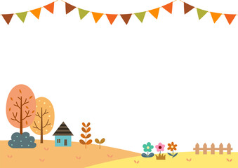 Cute houses and autumn trees with garland decoration landscape background.