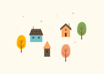 Cute houses and autumn nature elements design illustration.