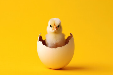 small yellow chicken in a shell on a yellow background. postcard with copy space, easter concept. 