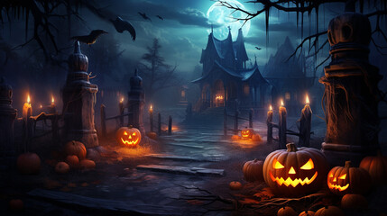 Fototapeta na wymiar Halloween fullmoon banner witch haunted house pumpkins and bats