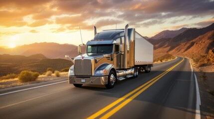Fototapeta na wymiar American style truck on freeway pulling load. generative AI