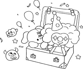 Hand drawn kawaii clown coloring book illustration
