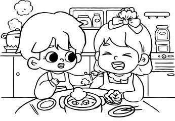 Hand drawn kawaii couple coloring book illustration
