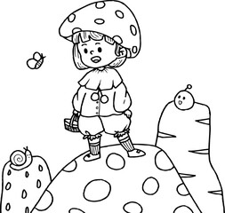 Hand drawn kawaii mushroom girl coloring book illustration
