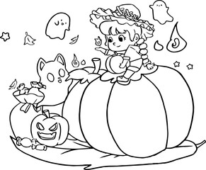 Hand drawn kawaii Halloweens coloring book illustration
