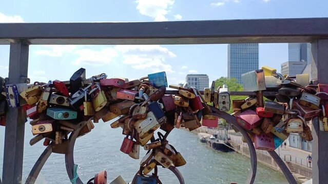 Love Locks at Iron Footbridge ( or Eiserner Steg) at Main river in Frankfurt city, Germany.