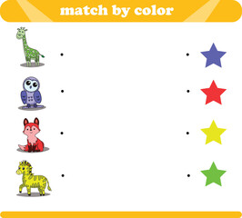 Fototapeta premium Color matching logic game with cute animal drawings giraffe owl fox zebra