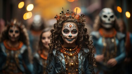 Children in Traditional Festival of the Dead Costume Enjoying Halloween With Friends, Generative AI
