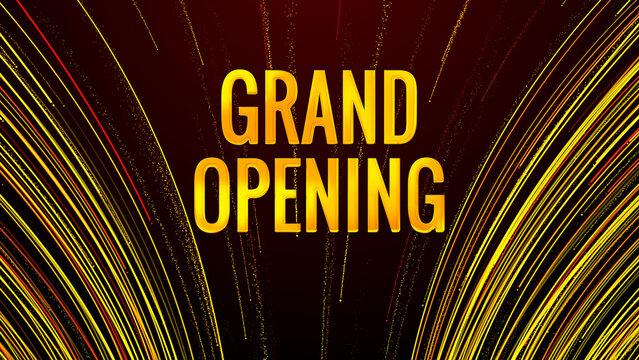 Luxury Festive Yellow Red Orange Shiny Grand Opening Lettering With Curved Magic Comet Trail Sparkling Particles Background