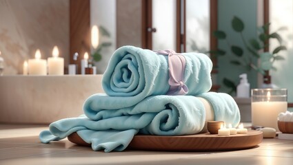 Obraz na płótnie Canvas Soap and towel in a bathroom, placed on a blurred spa background, creating a serene ambiance with ample copy space for text or design.