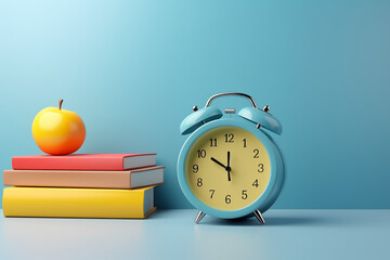 alarm clock and apple, alarm clock and books on table, alarm clock and book, alarm clock and books, back to school