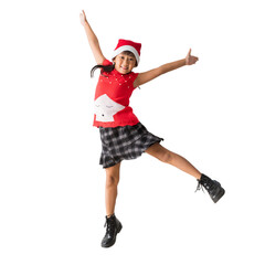 Happy smiling Asian child girl with wearing a red Christmas costume and Santa Claus hat, Celebration dancing and jumping have fun full body portrait, isolated on white background