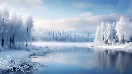 Foto op Canvas an unfrozen river in the middle of a winter forest that is all white with snow and with a blue sky and mountains in the background © MYKHAILO KUSHEI