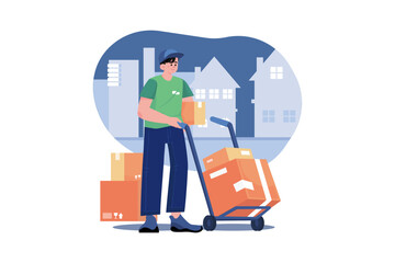 Caucasian deliveryman wheeling trolley with carton boxes