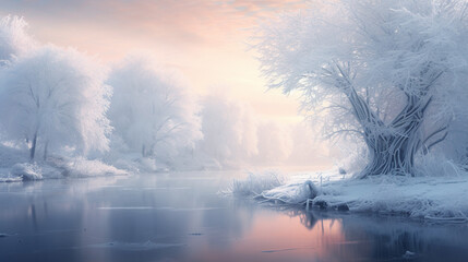 winter bank of a big river with forest and pink sky at dawn or sunset, also one big tree with white branches
