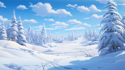 beautiful snowy meadow with snowy coniferous trees and blue sky with white clouds