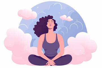 A woman sits in the lotus position does breathing exercises for good relaxation. Breathe in and go out to rest. Deep breathing method and Meditation. The concept of health and well-being.He