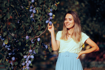 Happy Woman Piking Ripe Plums from her own Garden. Joyful countryside girl living the simple slow...
