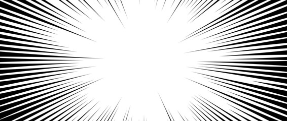 Radial speed lines background. Comic book explosion lines wallpaper. Abstract black and white flash frame design. Manga anime cartoon ray beam sunburst. Vector light effect illustration