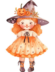 Cute watercolor girl in Halloween pumpkin costume