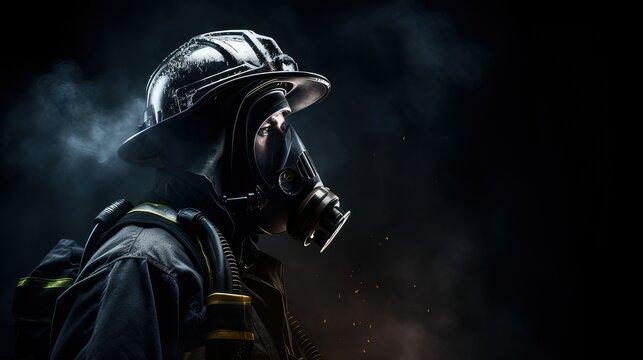 fire fighter in gas mask getting ready to enter a fire. generative AI