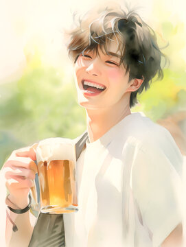 ビール片手に笑顔で談笑している若い男性