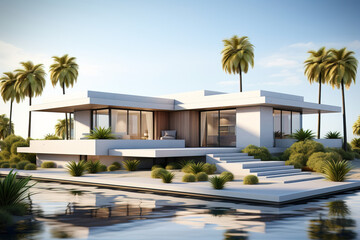 Fototapeta na wymiar corner view of a white modern symmetrical house surrounded by palm trees