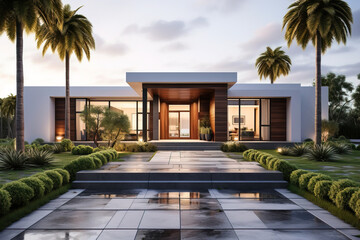 wide modern house with palm trees with a wide entrance