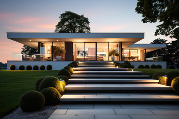 modern house exterior with big entrance, illuminated front garden
