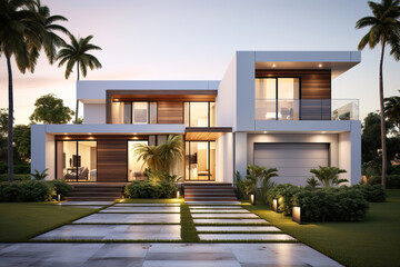 two story modern house with front garden and palm trees - obrazy, fototapety, plakaty