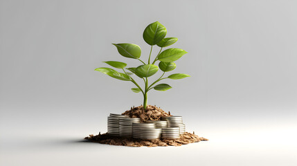 Fototapeta na wymiar A small tree is growing in the soil and coins