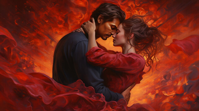 couple in love in evening clothes in dynamic dance close to each other with red fiery background