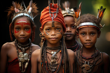 tribal children in traditional clothes and accessories - obrazy, fototapety, plakaty