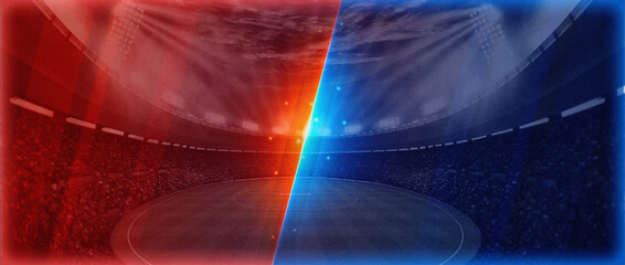 Grand stadium match grass field. Illustration Team 1 Versus Team 2 Battle Background. VS Match with Two Players. Versus banner with separation of two zones, red and blue in grunge style, texture. © Shuvro