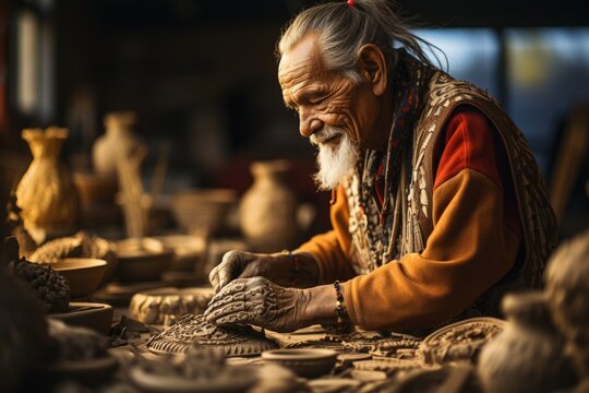 Member of the Choctaw tribe crafting a traditional pottery piece, Generative AI