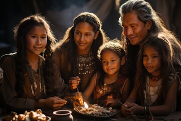 Pueblo tribe family gathering for a festive feast, celebrating their traditions, Generative AI