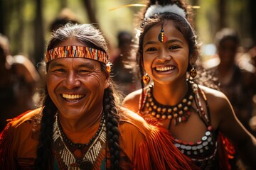 Seminole tribe family in colorful attire, participating in a traditional tribal dance, Generative AI