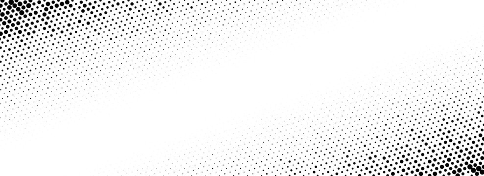 Corner halftone texture. Dotted gradient pattern background. Abstract faded pop art wallpaper. Vanishing spotted radial design backdrop for banner, poster, flyer, cover. Vector wide illustration