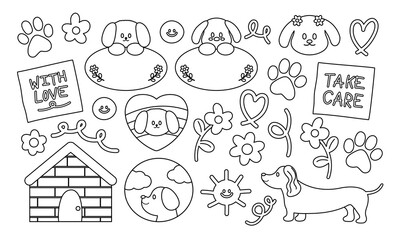 Puppy, flowers and cute element outline drawing for colouring page, colouring book, dog tattoo, pet sticker, vet or pet shop decoration, logo, paw icon, fabric print, background, social media post