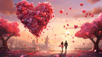 a big heart made of small hearts that are balloons and flying in a pink sky and a couple in love in a park with pink trees