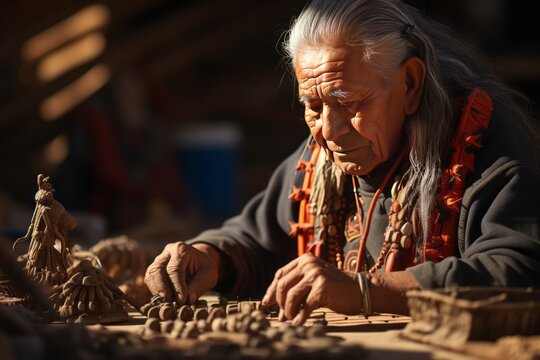 Zuni tribe member carving a Kachina doll a symbol of their spiritual beliefs, Generative AI